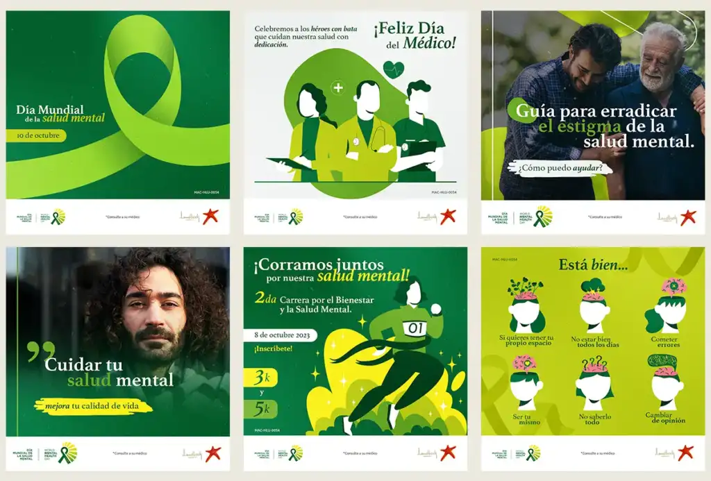 Muestra de diseño y gestión de contenidos para Facebook e Instagram desarrollados por Social Black para Lundbeck, enfocados en comunicación científica y regulatoria.