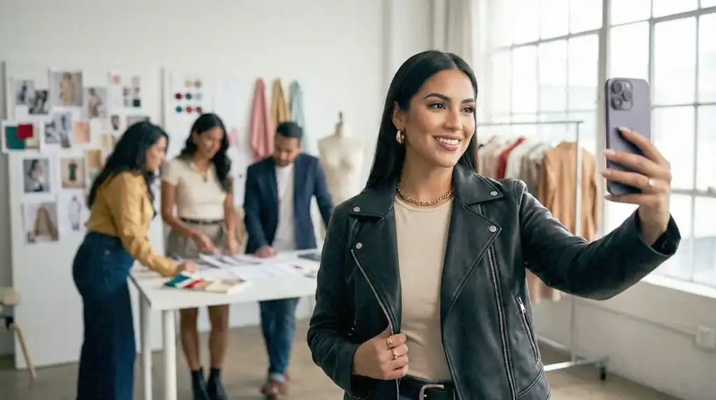 Persona creando contenido con un smartphone en un entorno de moda y comunicación. Agencia de marketing digital Social Black. México. CDMX. 