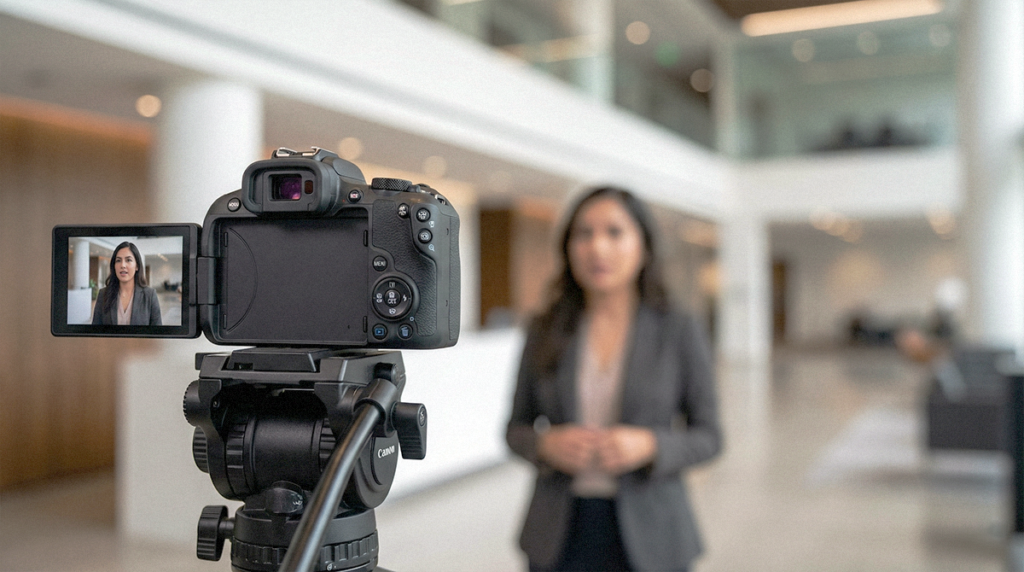 Equipo de producción de video de Social Black grabando contenido de marketing en las instalaciones de un cliente corporativo en México. Ejemplo de nuestro servicio de producción audiovisual para estrategias de content marketing, filmando entrevistas y procesos con equipo profesional en ubicación real.

